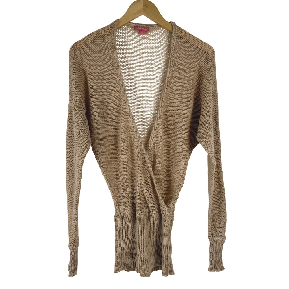 JJ Forever‎ Tan Ramie Cotton Open Mesh Knit Surplice Wrap Sweater Womens Large
